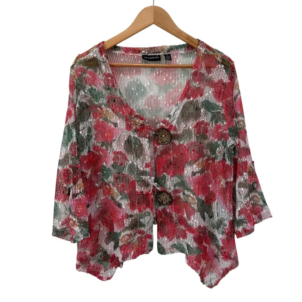 Nina Leonard Floral Mesh Lagenlook Boho Cardigan L Floral Sequin Wood Buttons